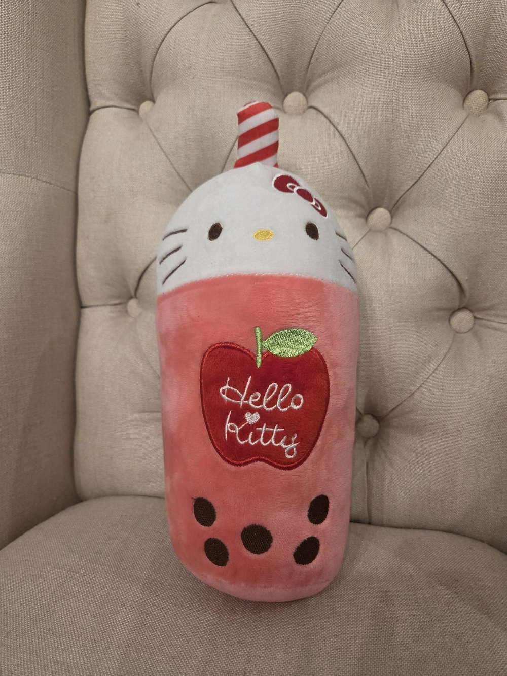 Hello Kitty Pink and White Bubble Tea Plush with Apple Embroidery